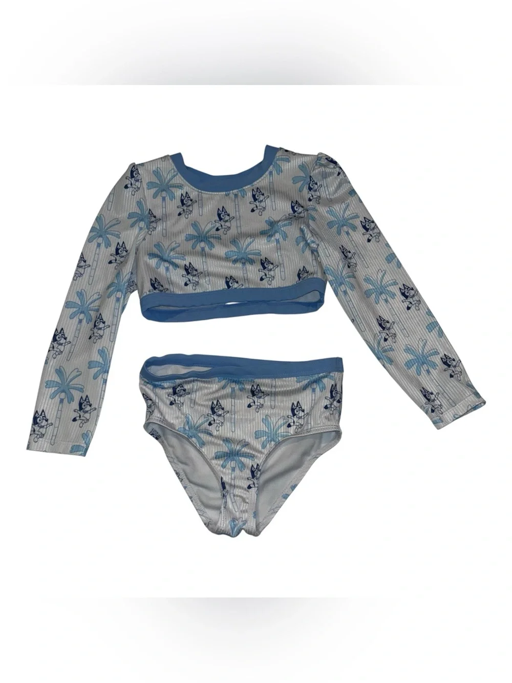 Bluey Long-Sleeve Kids Bikini Set in white & Blue Palm Print Toddler Girls 5T